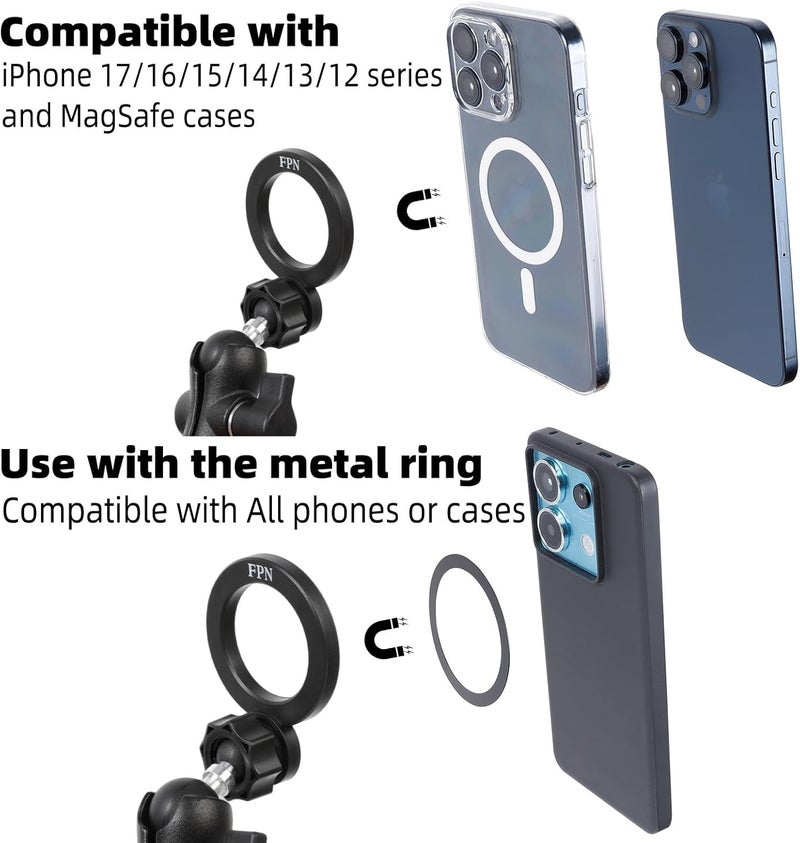 FPN Magnetic Phone Holder Base for RAM Mounts, 1" (25mm) Ball Mount with Short Aluminum Alloy B Size Double Socket Arm, Compatible with Magsafe iPhone 17/16/15/14/13/12 Series - Image 4